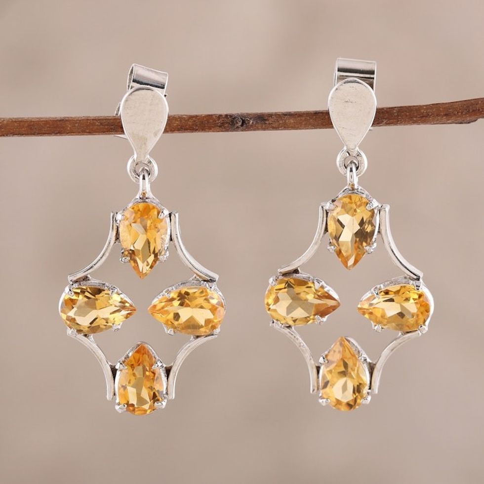8-Carat Rhodium Plated Citrine Dangle Earrings from India 'Glittering Teardrops'