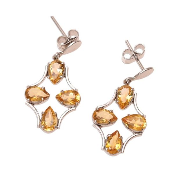 Alternate image for 8-Carat Rhodium Plated Citrine Dangle Earrings from India Glittering Teardrops