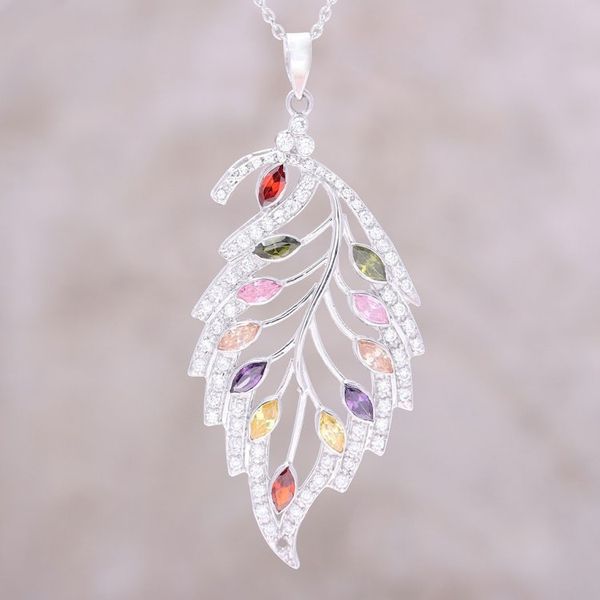 Alternate image for Colorful Rhodium Plated Sterling Silver Leaf Necklace Glittering Leaf
