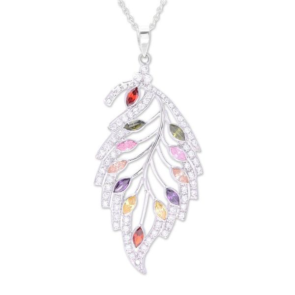 Alternate image for Colorful Rhodium Plated Sterling Silver Leaf Necklace Glittering Leaf