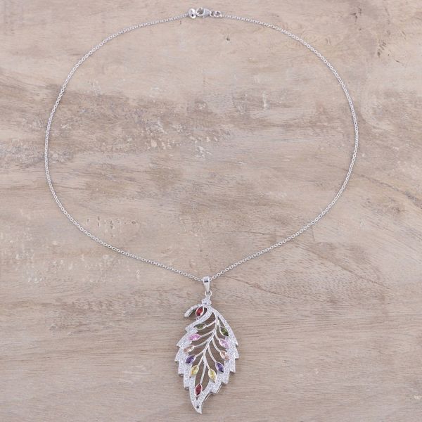 Alternate image for Colorful Rhodium Plated Sterling Silver Leaf Necklace Glittering Leaf