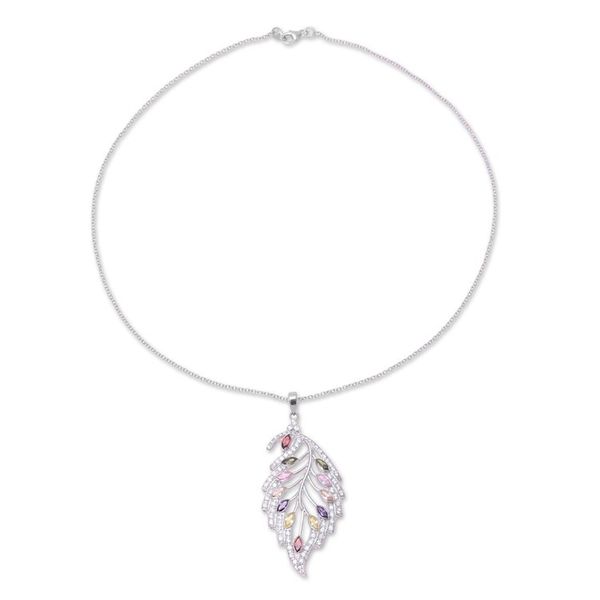 Alternate image for Colorful Rhodium Plated Sterling Silver Leaf Necklace Glittering Leaf