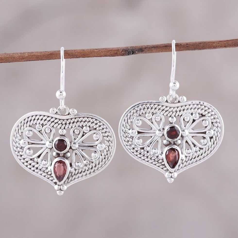 Garnet and Sterling Silver Heart Shaped Dangle Earrings 'Bubbling with Love'