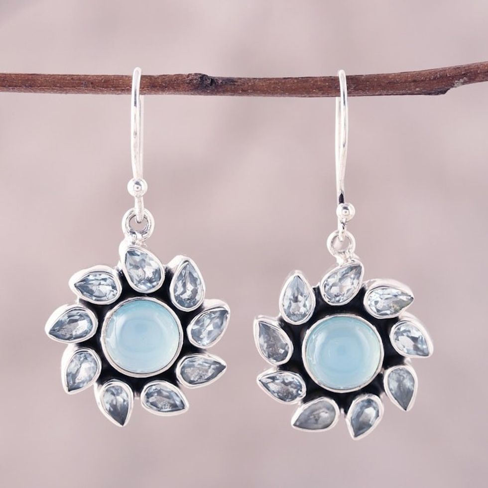 Blue Topaz and Chalcedony Dangle Earrings from India 'Sky Glory'