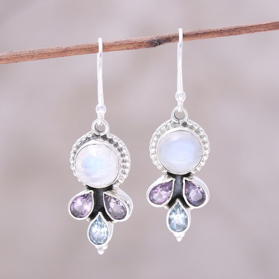 Multi-Gemstone Dangle Earrings Handcrafted in India 'Dancing Elegance'