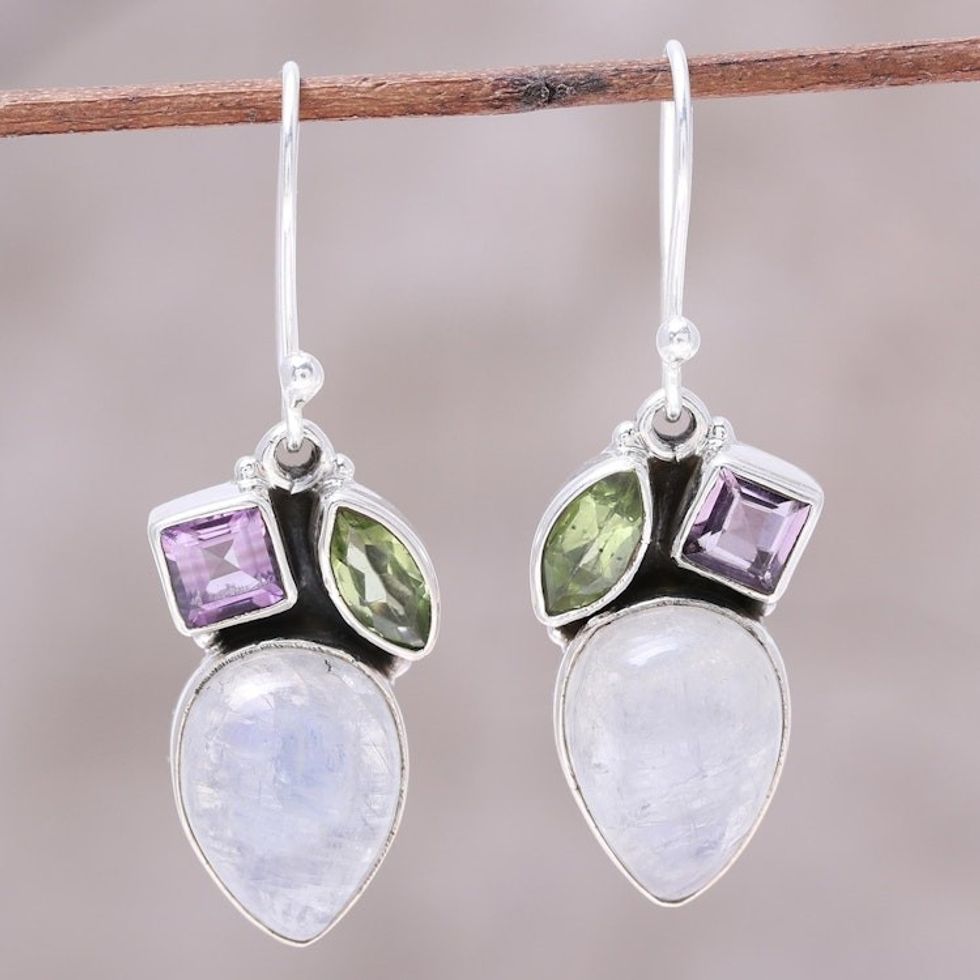 Teardrop Rainbow Moonstone Peridot and Amethyst Earrings 'Glistening Dazzle'