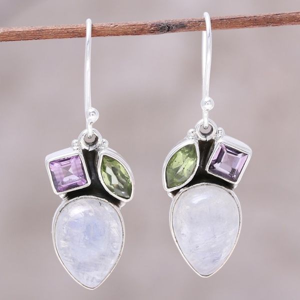 Alternate image for Teardrop Rainbow Moonstone Peridot and Amethyst Earrings Glistening Dazzle