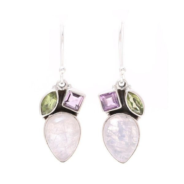 Alternate image for Teardrop Rainbow Moonstone Peridot and Amethyst Earrings Glistening Dazzle