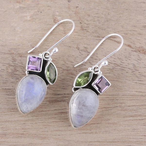 Alternate image for Teardrop Rainbow Moonstone Peridot and Amethyst Earrings Glistening Dazzle