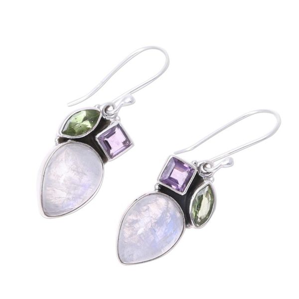 Alternate image for Teardrop Rainbow Moonstone Peridot and Amethyst Earrings Glistening Dazzle