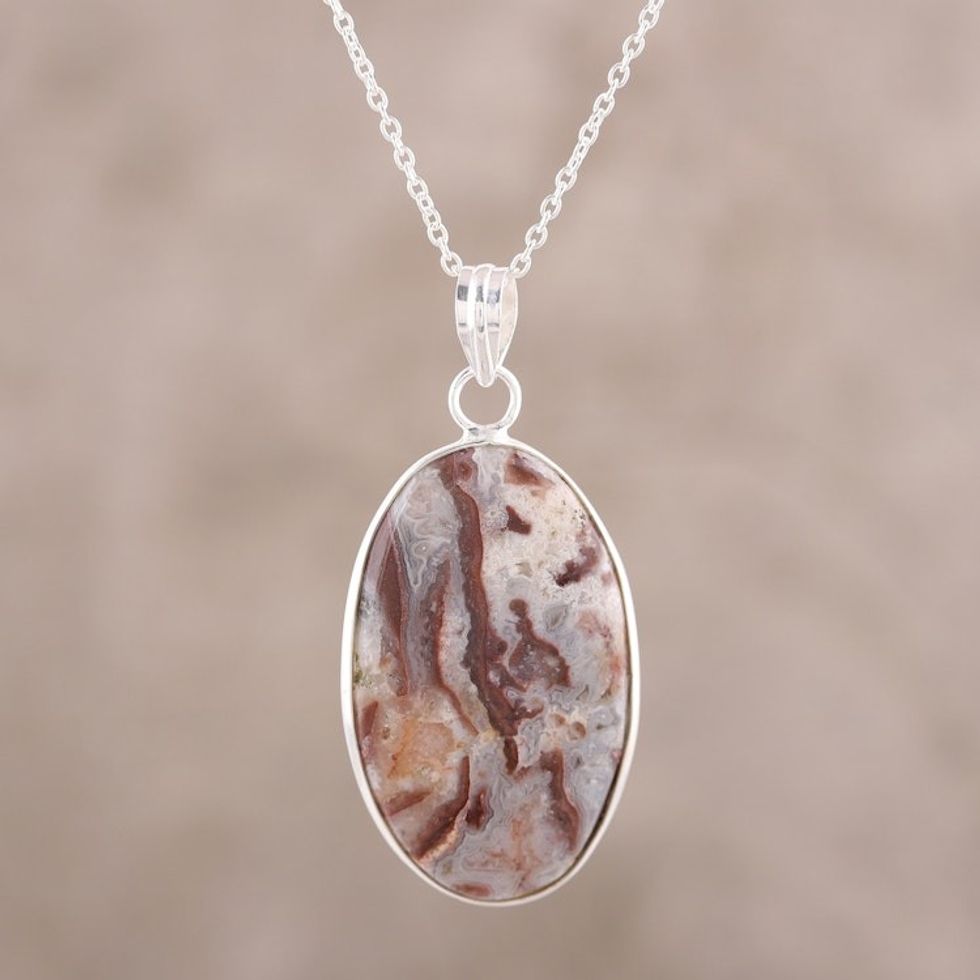 Oval Agate Pendant Necklace in Pink and Russet from India 'Intricate Island'