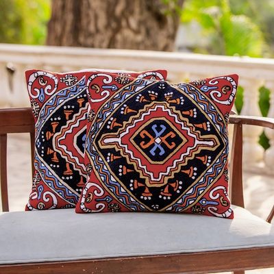 Main image for Colorful Embroidered Cotton Cushion Covers from India Pair Creative Kite
