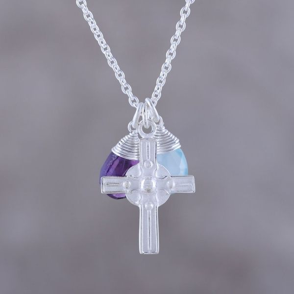 Alternate image for Amethyst and Chalcedony Cross Pendant Necklace from India Christian Elation