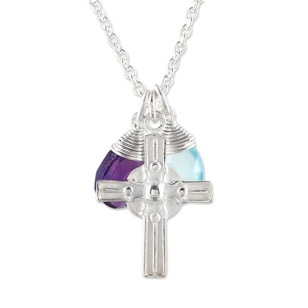 Alternate image for Amethyst and Chalcedony Cross Pendant Necklace from India Christian Elation