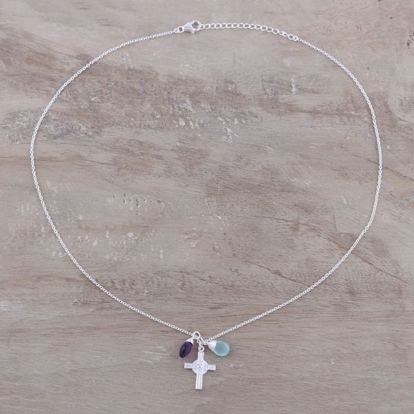 Alternate image for Amethyst and Chalcedony Cross Pendant Necklace from India Christian Elation