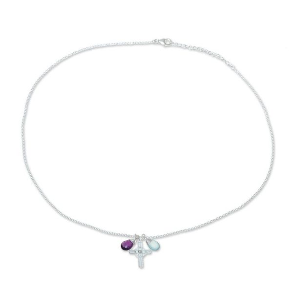 Alternate image for Amethyst and Chalcedony Cross Pendant Necklace from India Christian Elation