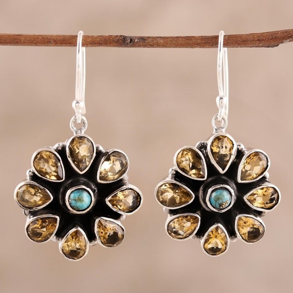 Citrine and Composite Turquoise Dangle Earrings from India 'Floral Glitter'