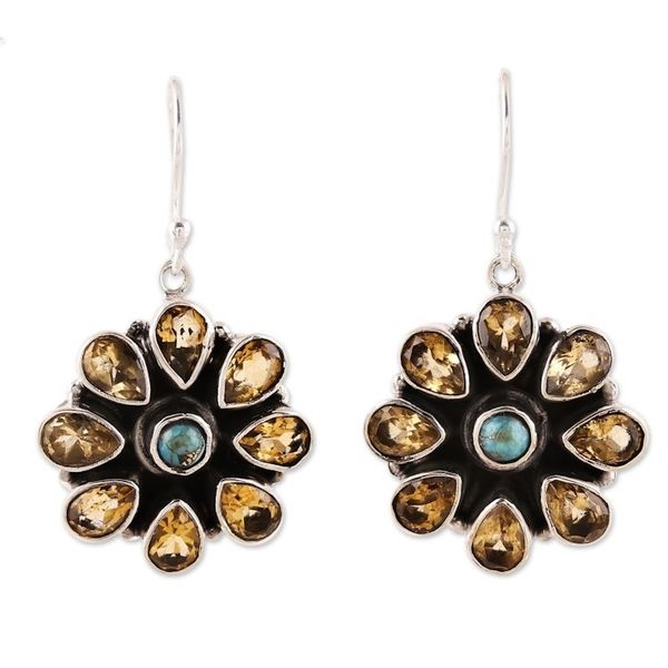 Alternate image for Citrine and Composite Turquoise Dangle Earrings from India Floral Glitter