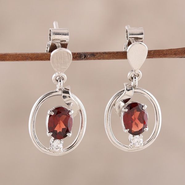 Alternate image for Rhodium Plated Oval Garnet Dangle Earrings from India Oval Glitter