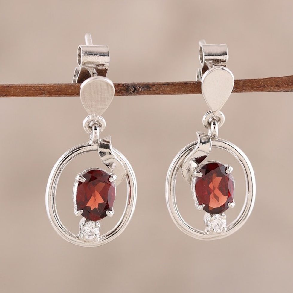 Rhodium Plated Oval Garnet Dangle Earrings from India 'Oval Glitter'