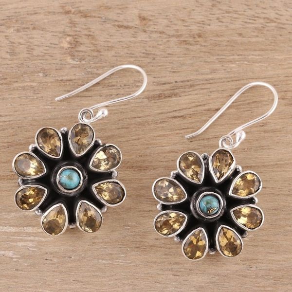 Alternate image for Citrine and Composite Turquoise Dangle Earrings from India Floral Glitter
