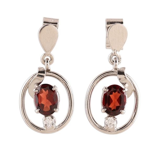 Alternate image for Rhodium Plated Oval Garnet Dangle Earrings from India Oval Glitter