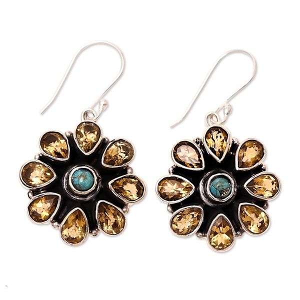 Alternate image for Citrine and Composite Turquoise Dangle Earrings from India Floral Glitter