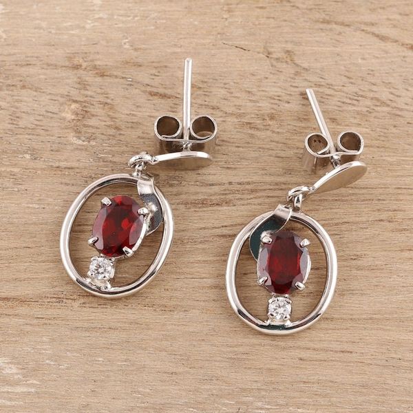 Alternate image for Rhodium Plated Oval Garnet Dangle Earrings from India Oval Glitter