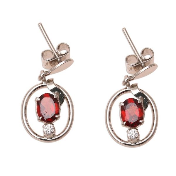 Alternate image for Rhodium Plated Oval Garnet Dangle Earrings from India Oval Glitter