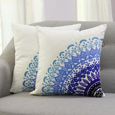 Main image for Embroidered Cotton Cushion Covers in Blue from India Pair Divine Orchard in Blue