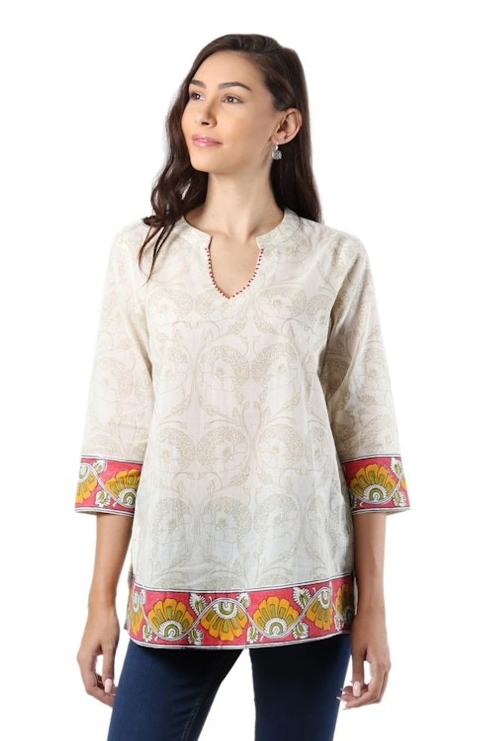 Floral Printed Cotton Tunic in Multicolor from India 'Madhubani Summer'
