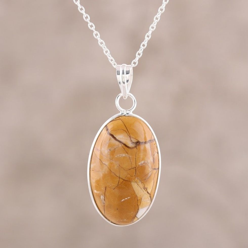 Brown Oval Agate Pendant Necklace Crafted in India 'Earth Flair'