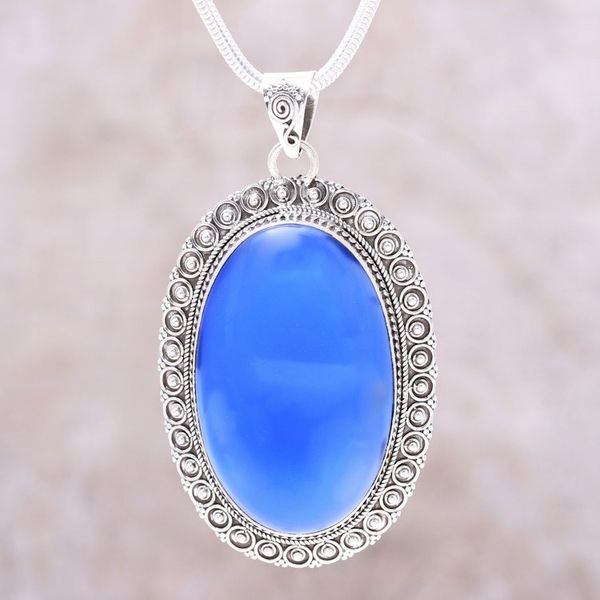 Alternate image for Large Blue Chalcedony and Sterling Silver Pendant Necklace Fairest Sky