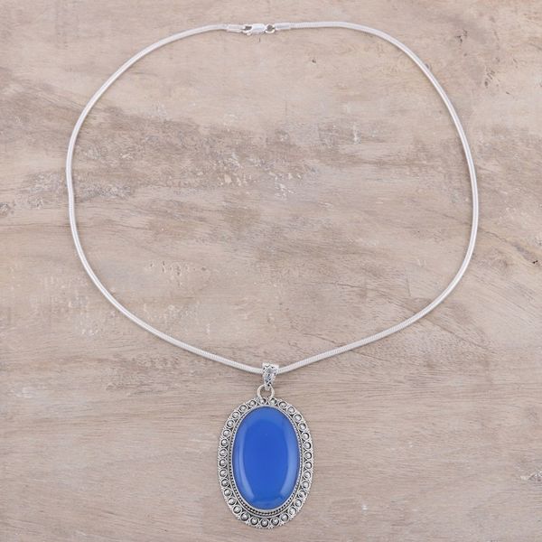 Alternate image for Large Blue Chalcedony and Sterling Silver Pendant Necklace Fairest Sky