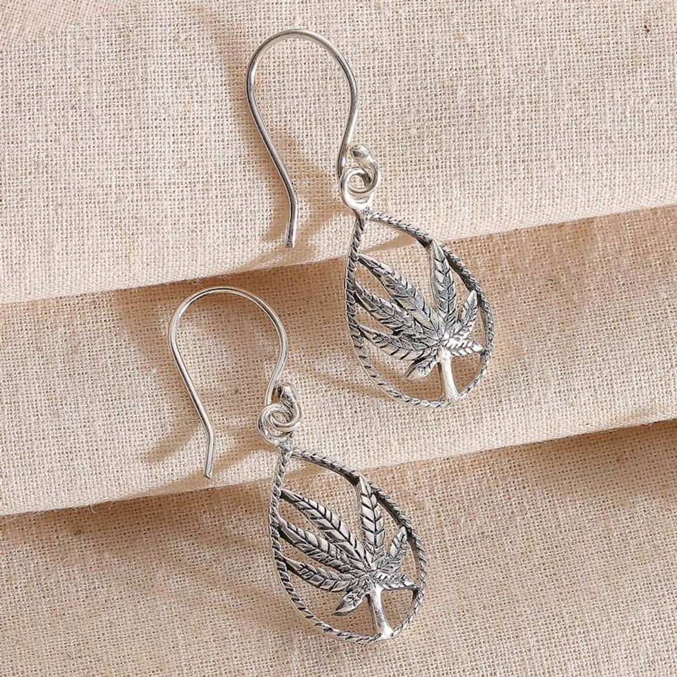 Handcrafted Sterling Silver Palm Leaf Dangle Earrings 'Precious Palms'