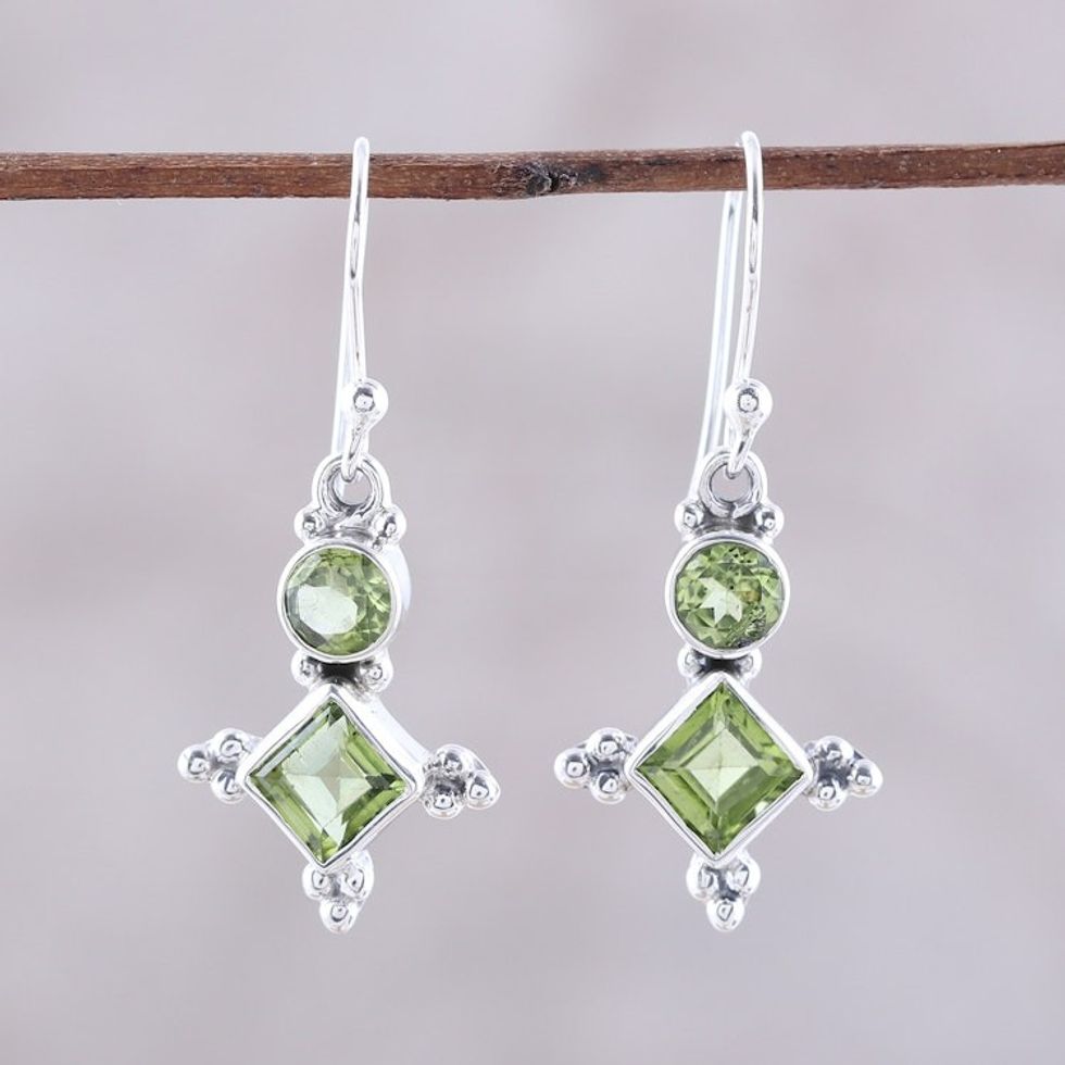 Sterling Silver and Green Peridot Star Dangle Earrings 'Opulent Stars'
