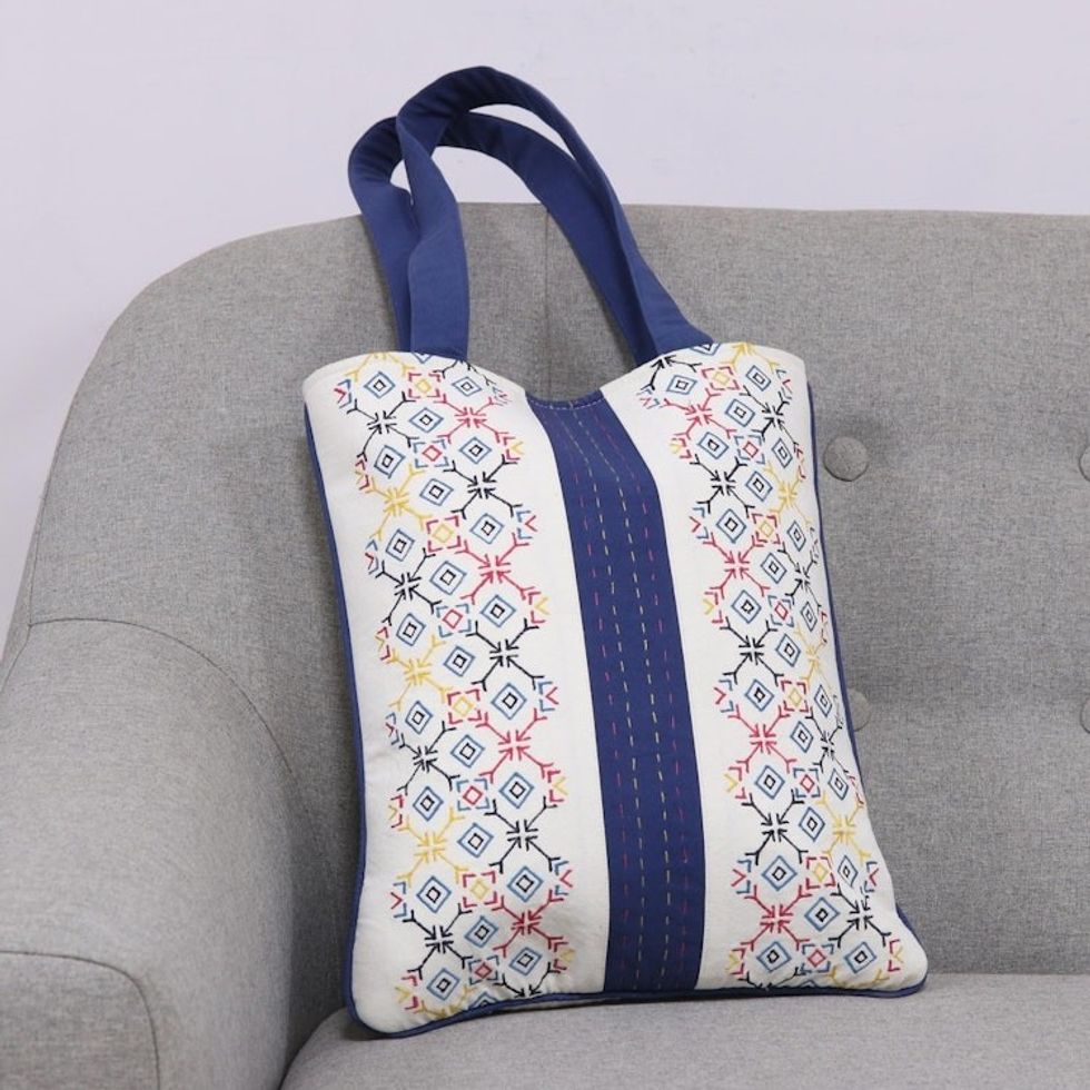 Geometric Embroidered Cotton Shoulder Bag from India 'Vibrant Embroidery'