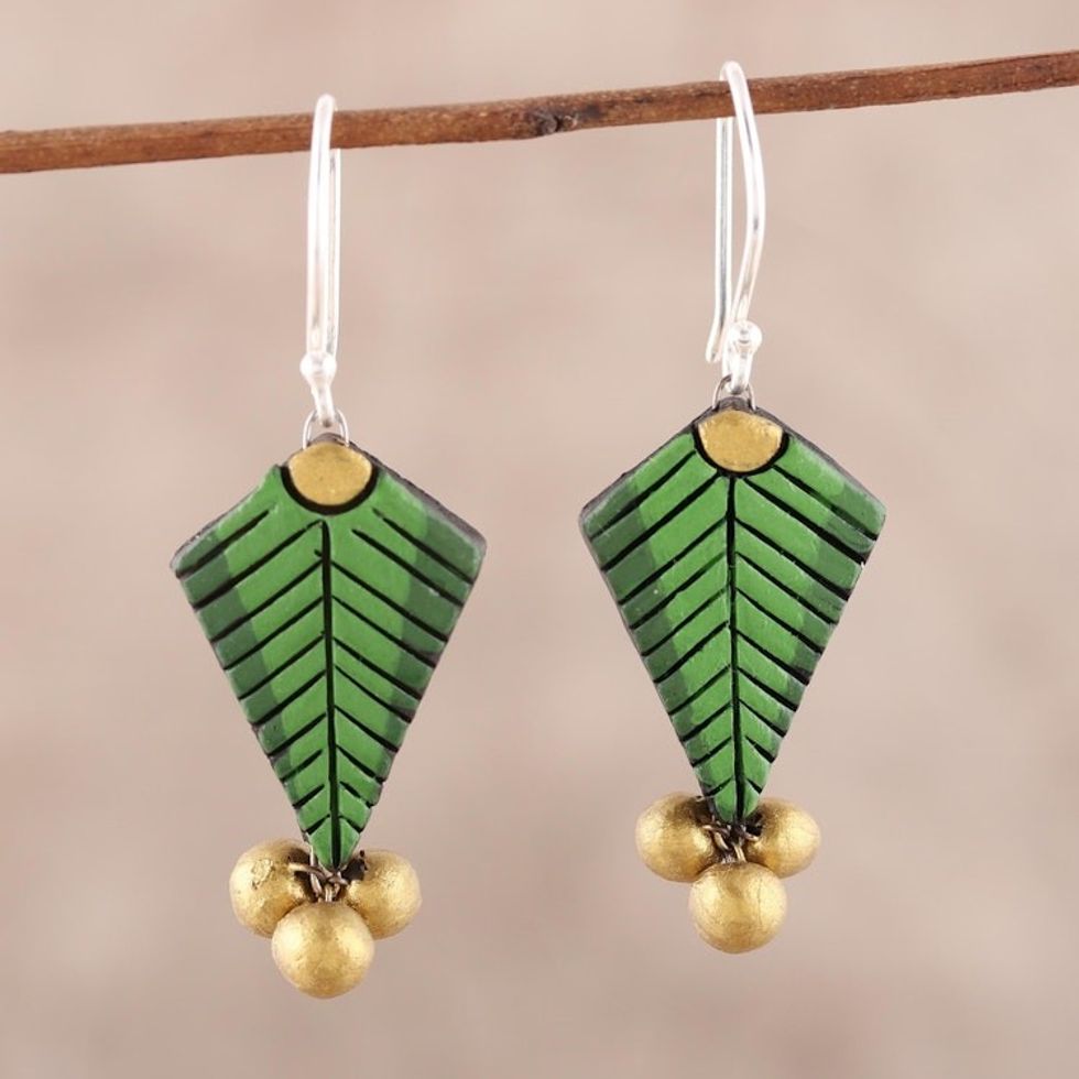 Fern Leaf Ceramic Dangle Earrings from India 'Green Fern'