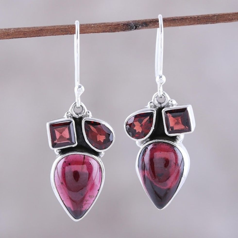 Natural Garnet Dangle Earrings from India 'Natural Dazzle'