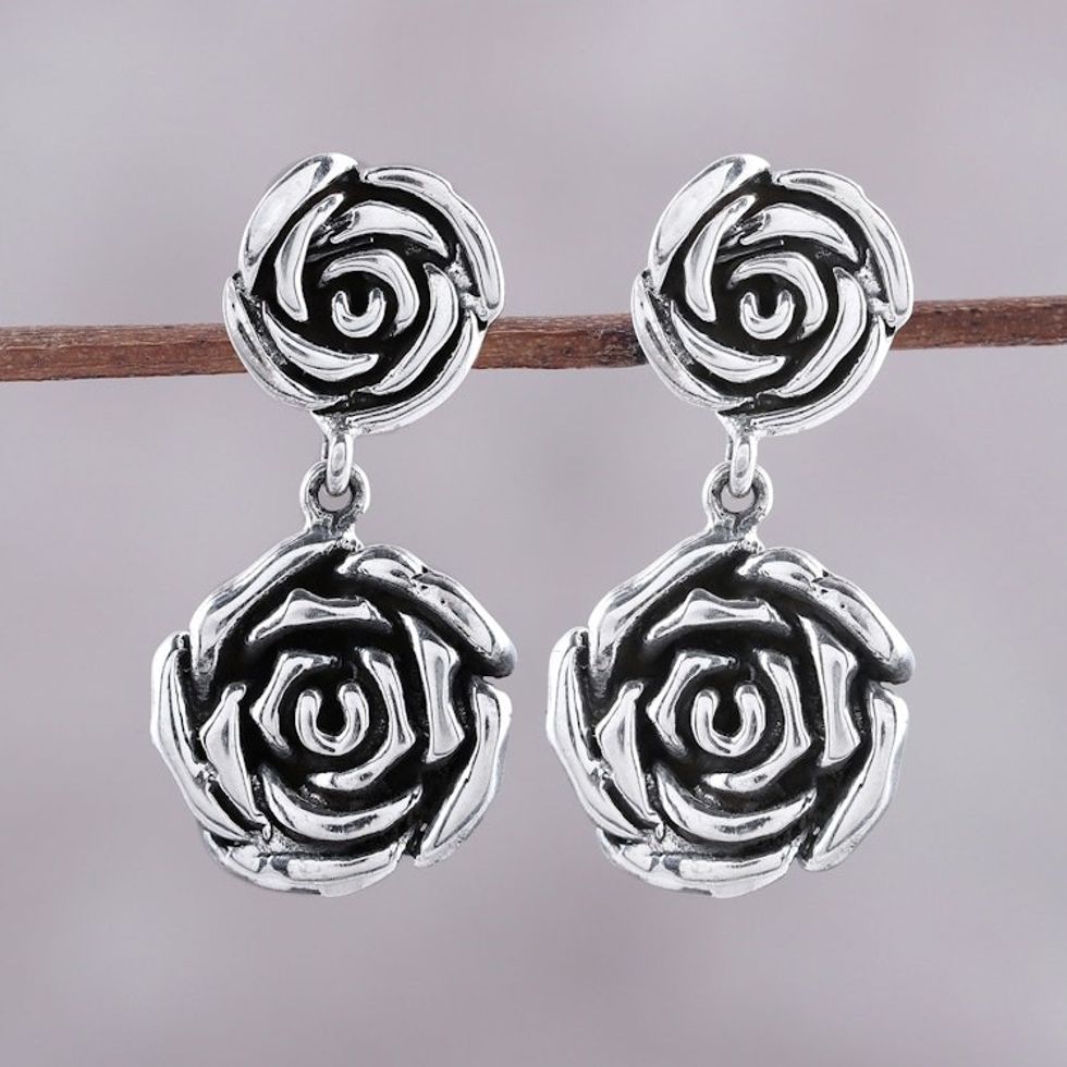 Rose-Shaped Sterling Silver Dangle Earrings from India 'Adorable Beauty'