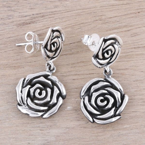 Alternate image for Rose-Shaped Sterling Silver Dangle Earrings from India Adorable Beauty