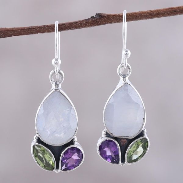 Alternate image for 14-Carat Multi-Gemstone Dangle Earrings from India Dazzling Fusion
