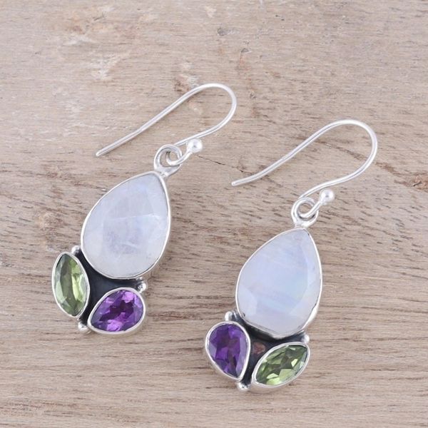 Alternate image for 14-Carat Multi-Gemstone Dangle Earrings from India Dazzling Fusion