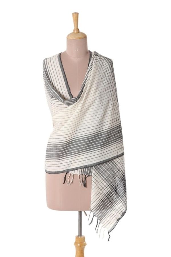 Alternate image for Ivory and Black Cotton Shawl Crafted in India Classic Design