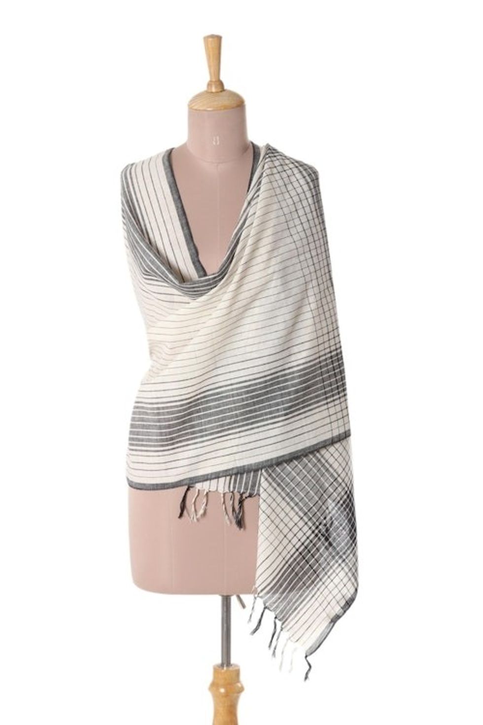 Ivory and Black Cotton Shawl Crafted in India 'Classic Design'