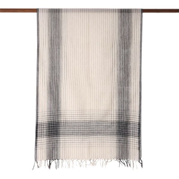 Alternate image for Ivory and Black Cotton Shawl Crafted in India Classic Design