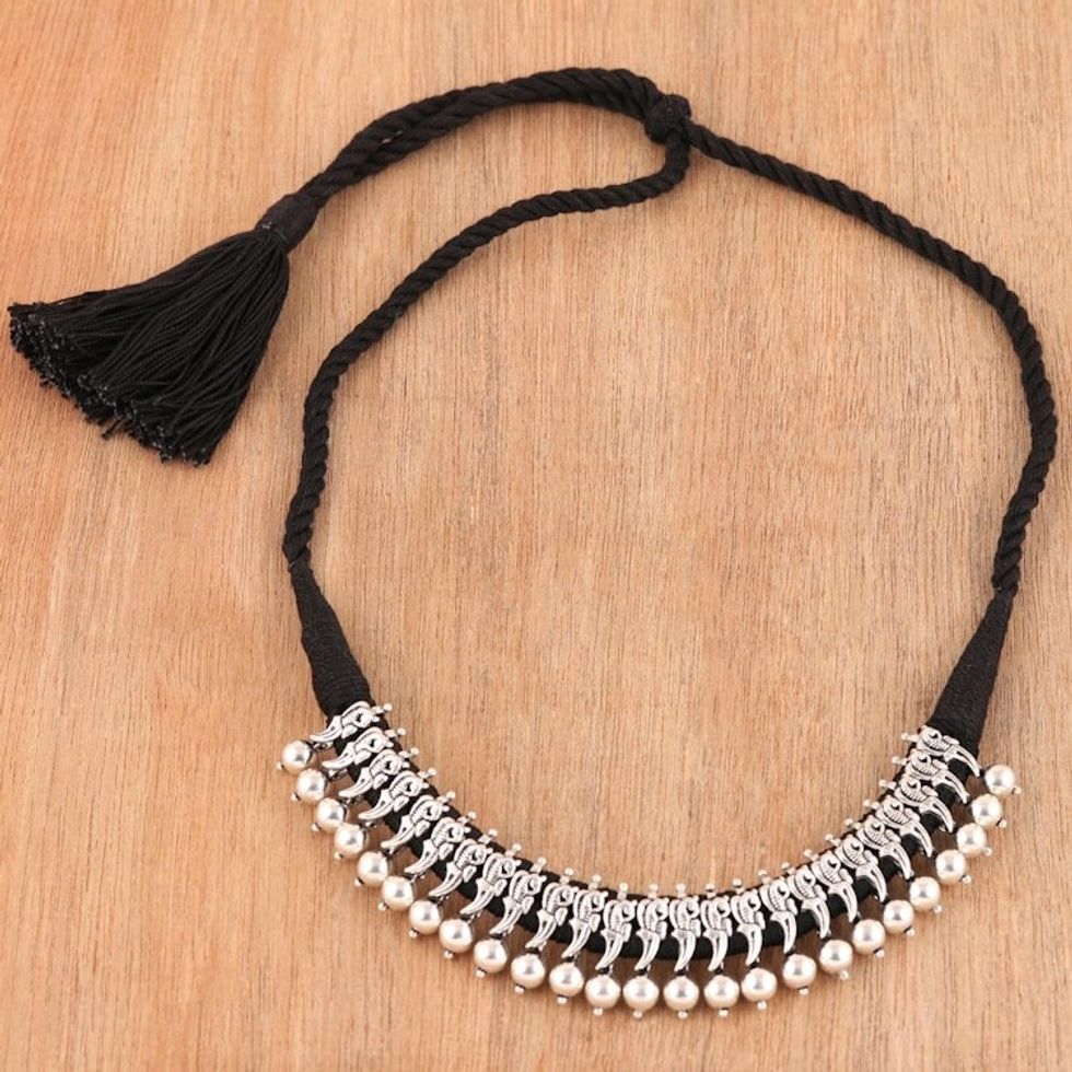 Adjustable Sterling Silver Pendant Necklace from India 'Peacock Gleam'