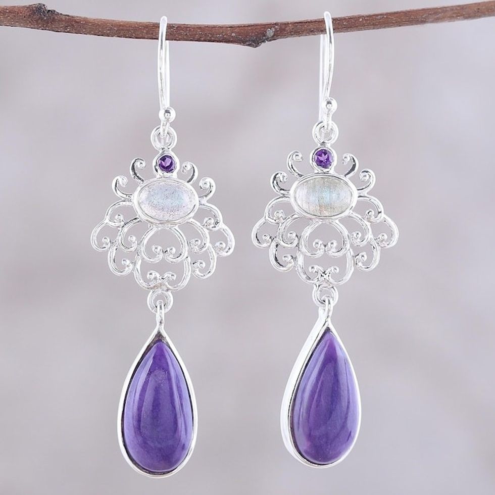 Amethyst Labradorite and Charoite Sterling Dangle Earrings 'Harmonious Purple Trio'