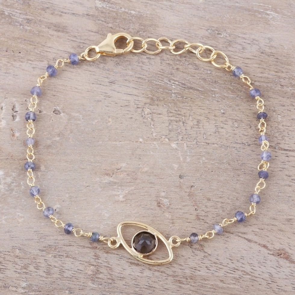 Gold Plated Smoky Quartz and Chalcedony Pendant Bracelet 'All Eyes on You'