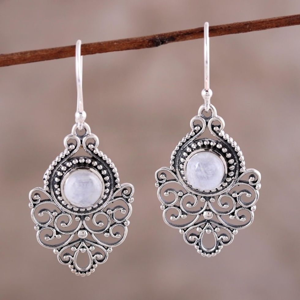 Sterling Silver Rainbow Moonstone Openwork Dangle Earrings 'Everlasting Joy'
